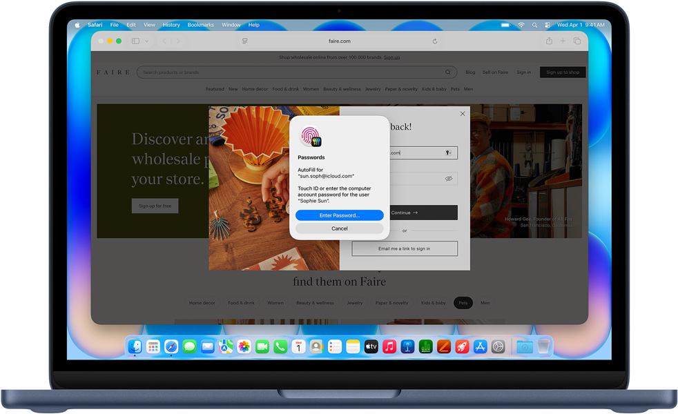 MacBook Neo indigószínben, a Safari Touch ID vagy jelszó segítségével való bejelentkezésre kéri a felhasználót egy Community Care Clinic megnevezésű webhelyre