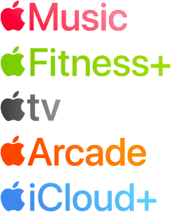 Apple subscription services logotypes including Apple Music, Fitness+, Apple TV+, Apple News+, Apple Arcade, iCloud+