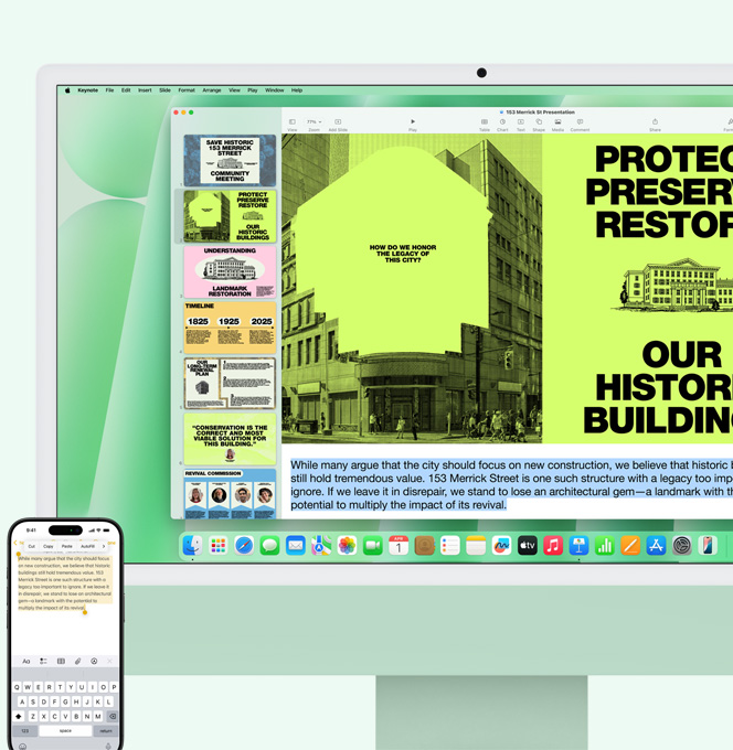 iMac hijau dan iPhone diletakkan berdampingan. Teks dari aplikasi Catatan di iPhone disalin dan ditempel ke iMac