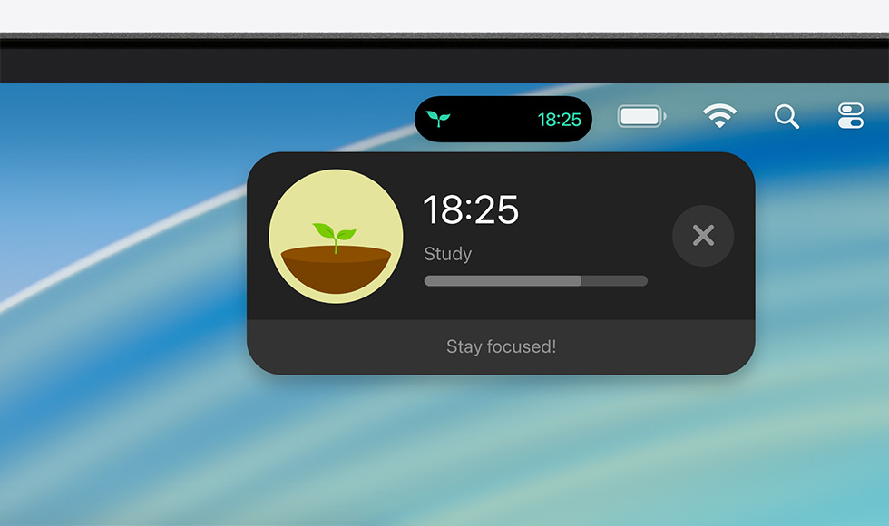 Bagian atas layar perangkat Mac menampilkan bar menu dengan Aktivitas Langsung Forest yang diperluas