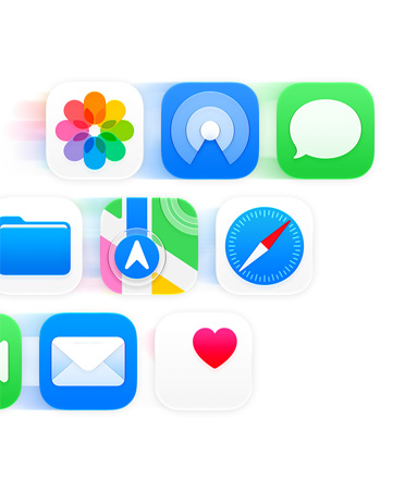 Grid ikon aplikasi termasuk Pesan, Safari, dan&nbsp;Mail