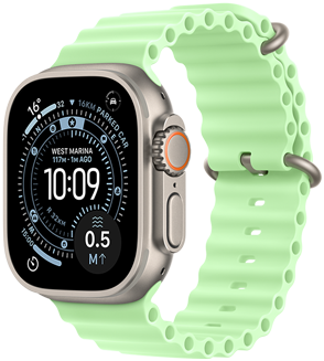 Apple Watch Ultra 3, natural colour, titanium case, Orienteering watch face, complications: weather, parked car location, satellite, and distance to surface, right side exterior, Digital Crown, microphone, side button, Ocean Band, neon green colour