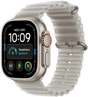 Apple Watch Ultra 4, titanium case, natural color, Modular watch face, complications: day and date, readiness, heart rate, Run workout, Weather, right side exterior, Digital Crown, raised side button, Ocean Band, translucent gray color