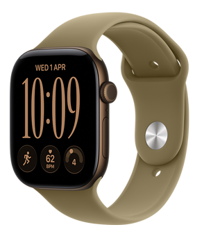 Apple Watch Series 12, aluminium case, dark bronze color, Modular Compact watch face, complications: day and date, Run workout, heart rate, readiness, right side exterior, Digital Crown, side button, Sport Strap, olive colour