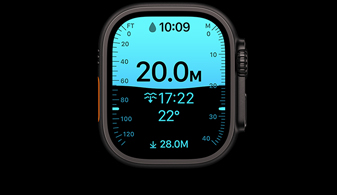 Apple Watch Ultra 4, titanium case, black colour, Depth app showing diving metrics, right side exterior, Digital Crown, raised side button
