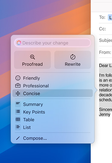Mac desktop with an email draft featuring an Apple Intelligence prompt. The option to make the email more concise is selected.