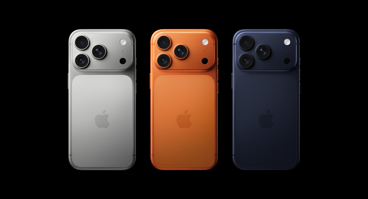 iPhone 17 Pro, back exterior, all three finishes, Silver, Cosmic Orange, Deep Blue, Pro Fusion camera system in top-left corner, 3 lenses, microphone, flash, Apple logo in centre
