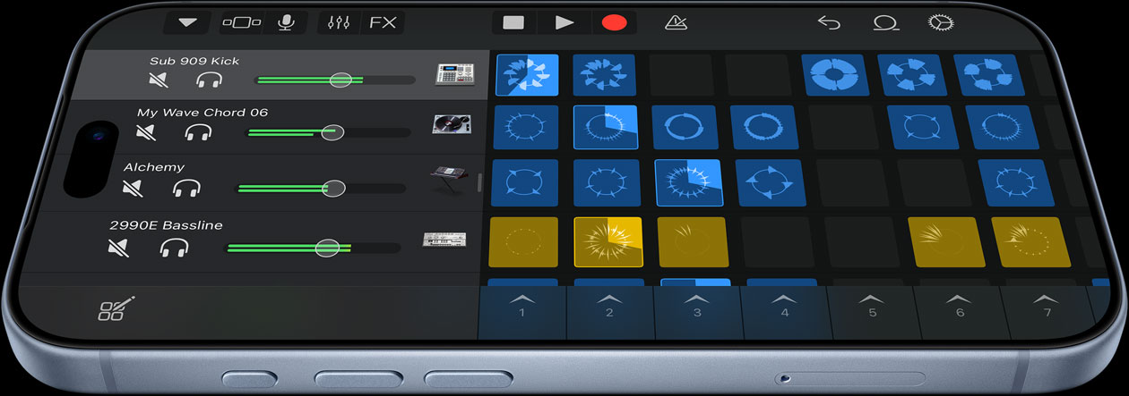 iPhone 18 Pro in glacier showcases the user interface of the Logic Pro music production app