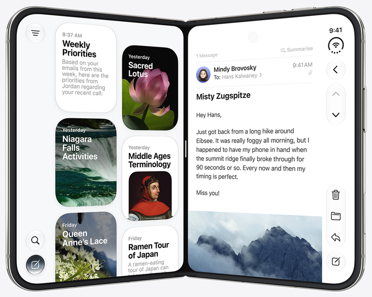 iPhone Duo stands upright in open book position, left panel shows Siri app, right panel shows the Messages app.
