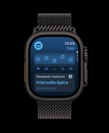 Apple Watch Ultra 3, cassa in titanio nero, app Parametri Vitali, grafico con riepilogo dei dati sanitari, notifiche parametri vitali notturni anomali, loop in maglia milanese nero