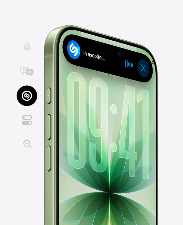 Un iPhone 17 salvia mostrato di fronte con Ceramic Shield, Dynamic Island che mostra l’app Shazam in uso, sul lato si intravedono il tasto Azione e i tasti del volume