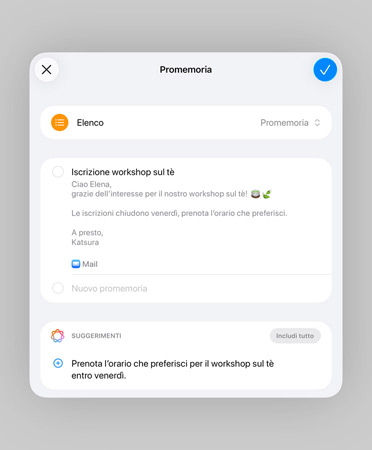 Un elenco nell’app Promemoria con promemoria smart e attività suggerite