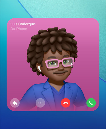 Poster di contatto di FaceTime, con al centro una Genmoji, in alto a sinistra il nome della persona, e in basso le icone per rispondere con un messaggio, vedere altre opzioni, riagganciare e rispondere alla chiamata