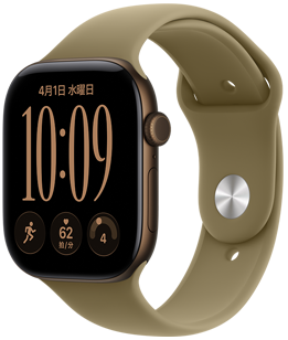 ダークブロンズのアルミニウムケースのApple Watch Series 12。モジュラーの文字盤に、曜日と日付、ワークアウト、心拍数、準備度のコンプリケーションが表示されている。外観の右側面にはDigital Crownとサイドボタンがあり、オリーブのスポーツバンドが付いている