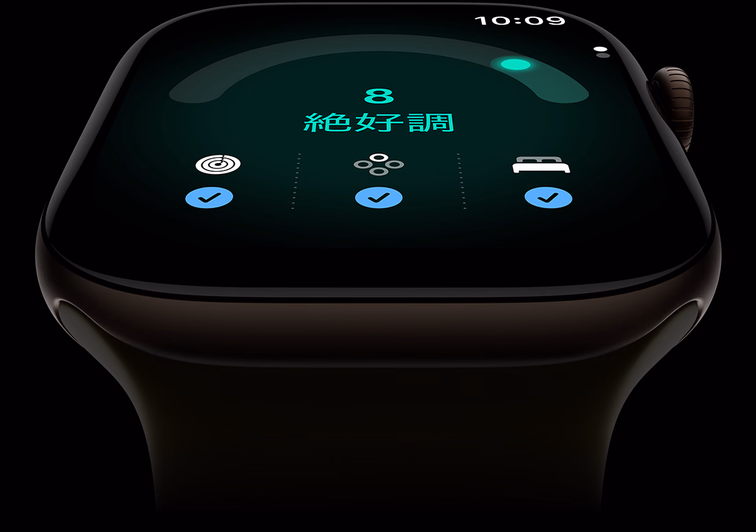 ダークブロンズのアルミニウムケースのApple Watch Series 12。「8」という準備度スコアが表示されている。外観の右側面にはDigital Crownがあり、オリーブのスポーツバンドが付いている