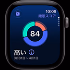 スペースグレイアルミニウムケースのApple Watch Series 12。睡眠スコアの円グラフが表示されている。外観の右側面にDigital Crownが見えている