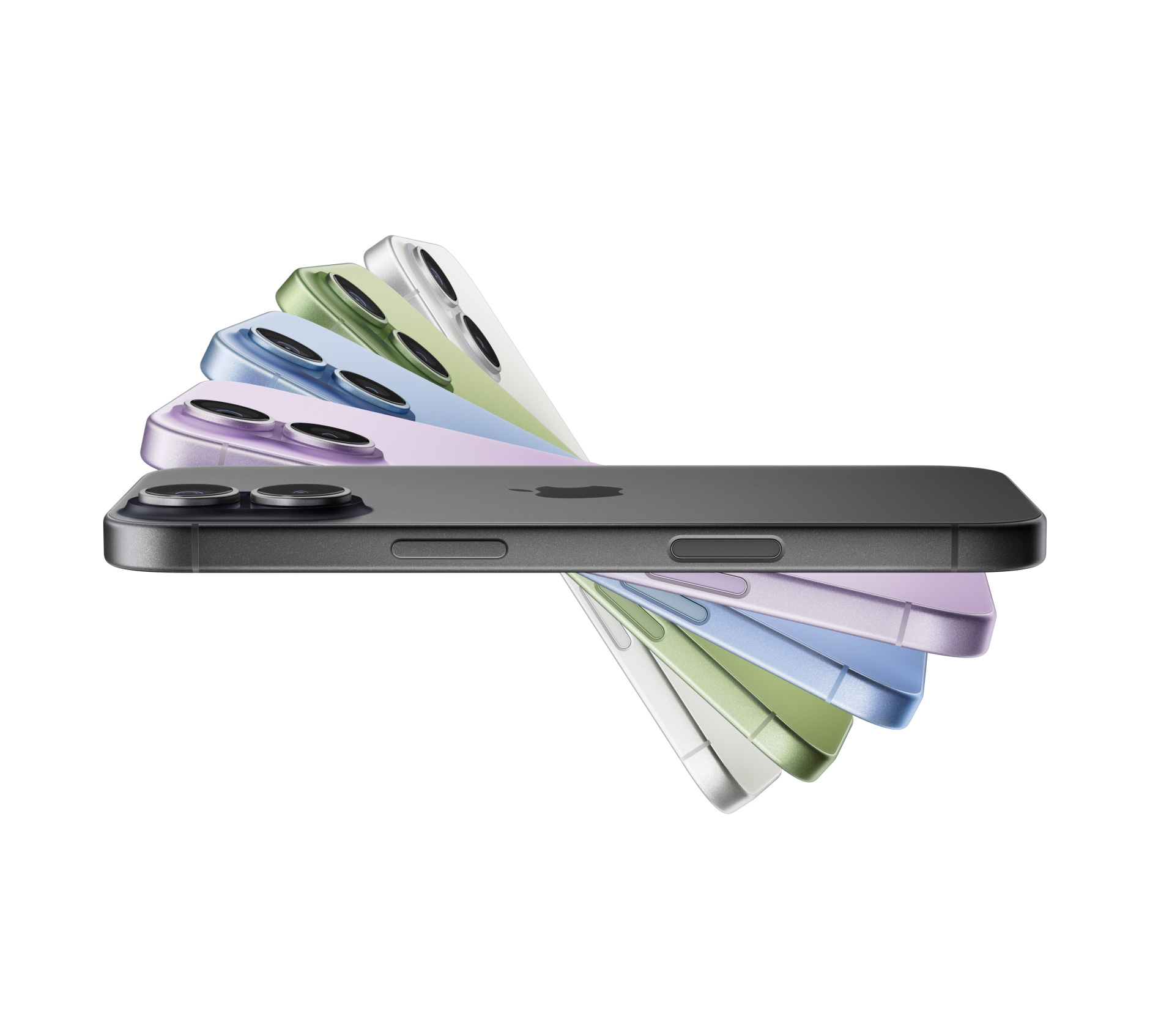 블랙, 라벤더, 미스트 블루, 세이지, 화이트 색상의 iPhone 17 기기를 부채처럼 펼쳐둔 모습