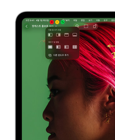 빨간색(닫기), 노란색(최소화), 녹색(확대) 버튼이 포함된 윈도우 제어 항목과 윈도우 이동, 크기 조정, 정렬 옵션