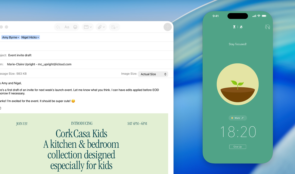 Pantalla de una MacBook, app Mail abierta, la pantalla de un iPhone duplicada en la pantalla de la MacBook muestra la app Forest