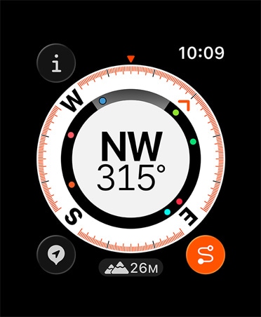 Funkcija „Kelias atgal“, rodmenys: kompasas, aukštis, pažymėti maršruto taškai