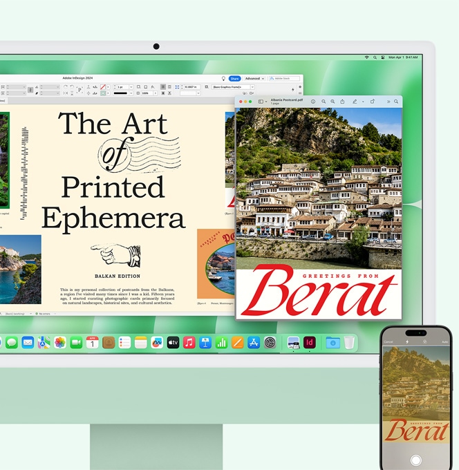 Žalios spalvos „iMac“ ir „iPhone“ šalia vienas kito. „iPhone“ nuskenuotas dokumentas rodomas „iMac“ ekrane
