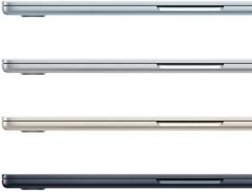 Keturių „MacBook Air“ modelių šoninė išorinė dalis, rodomos keturios skirtingos spalvos