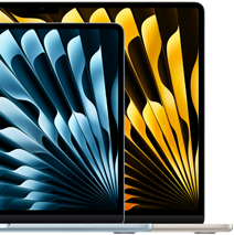 Du „MacBook Air“ nešiojamieji kompiuteriai demonstruoja ekrano dydžio skirtumą: 13,6 colio ir 15,3 colio matuojant įstrižai