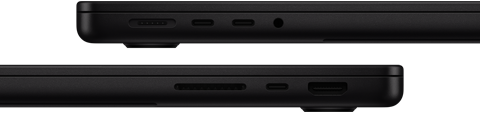 Demonstruojami „MacBook Pro“ prievadai: kairėje pusėje „MagSafe 3“ prievadas, du „Thunderbolt“ prievadai ir ausinių jungtis; dešinėje pusėje SDXC kortelių lizdas, vienas „Thunderbolt“ prievadas ir HDMI