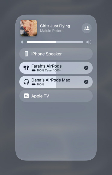 Image of a song on Apple Music playing on two different sets of AirPods.