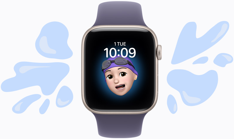 Apple Watch SE 3, aluminum case, starlight color, Memoji watch face, illustrated water splashes off water-resistance device, purple fog Sport Band