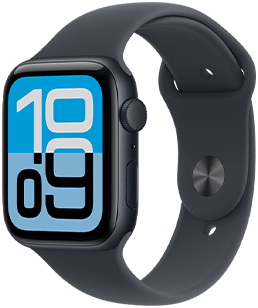 ساعة Apple Watch SE 3، إطار ألومنيوم، لون سماء الليل، واجهة الساعة "التدفق"، الجزء الخارجي الأيمن، التاج الرقمي، ميكروفون، الزر الجانبي، حزام رياضي بلون سماء الليل، نظام إغلاق بمشبك على شكل مسمار بلون سماء الليل