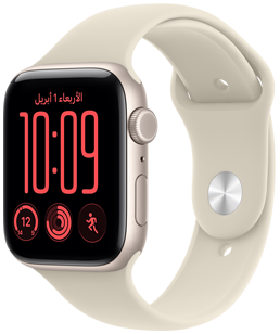 ساعة Apple&nbsp;Watch&nbsp;SE&nbsp;3، إطار ألومنيوم، لون ضوء النجوم، واجهة الساعة تركيبية، الإضافات: اليوم والتاريخ، تمرين الركض، حلقات النشاط، الطقس، الجهة الخارجية اليمنى، التاج الرقمي، الزر الجانبي، حزام رياضي، لون رملي