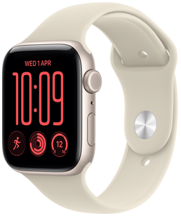 Apple Watch SE 3, aluminum case, starlight color, Modular watch face, complications: day and date, Workouts, Activity rings, temperature, right side exterior, Digital Crown, side button, Sport Band, sand color
