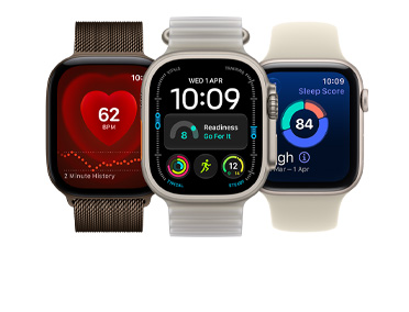 Three Apple Watch devices: Apple Watch Series 12, aluminum case, dark bronze color, Heart Rate app, dark bronze color Milanese Loop band, Apple Watch Ultra 4, titanium case, natural color, Modular watch face with readiness, heart rate, Workouts, and UV Index complications, right side exterior, Digital Crown, raised side button, translucent kelp color Ocean Band, Apple Watch SE 3, aluminum case, starlight color, sleep score, right side exterior, Digital Crown, sand color Sport Band