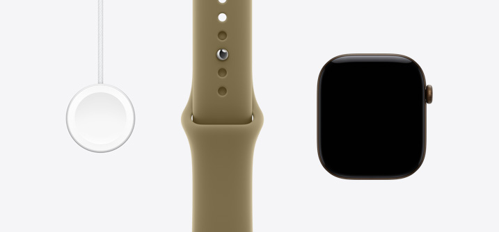 ‏Apple Watch Series 12، إطار ألومنيوم، لون برونزي داكن، الجهة الخارجية الأمامية، شاشة تغطي الواجهة بالكامل، حزام رياضي زيتي، كابل شاحن Apple Watch المغناطيسي السريع إلى ‏USB‑C‏