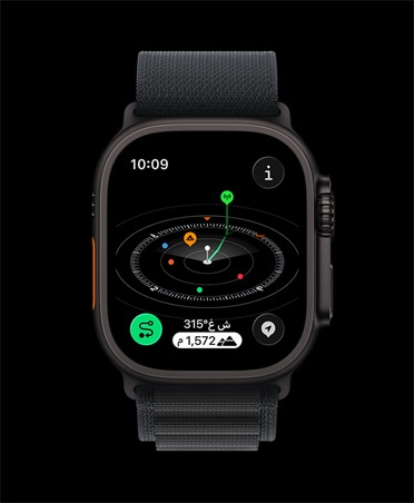ساعة Apple Watch Ultra 3، لون أسود، إطار تيتانيوم، تطبيق البوصلة، نقاط الطريق المحددة، الحزام، حزام Loop ألباين أسود