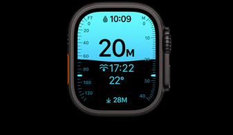 Apple Watch Ultra 4, titanium case, black color, Depth app showing diving metrics, right side exterior, Digital Crown, raised side button