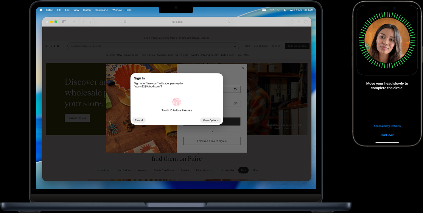 جهاز&nbsp;MacBook وجهاز&nbsp;iPhone، شاشة&nbsp;MacBook تعرض Apple&nbsp;Business&nbsp;Essentials، شاشة&nbsp;iPhone تعرض إدارة الأجهزة ضمن خطوات الإعداد