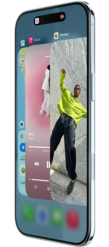 iPhone Air, front exterior, side exterior, with Maps, Music, and Apple TV+ apps, showcasing the App Switcher feature in use