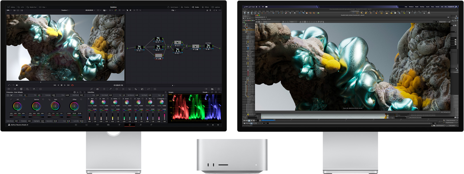 شاشة Studio Display، شاشة تعرض تطبيق DaVinci Resolve Studio مع صورة مجردة متعددة الألوان مكبّرة، جهاز Mac Studio، الجهة الأمامية، شاشة Studio Display XDR، شاشة تعرض تطبيقي Houdini وMaxon Redshift مع تكبير الصورة ذاتها أكثر