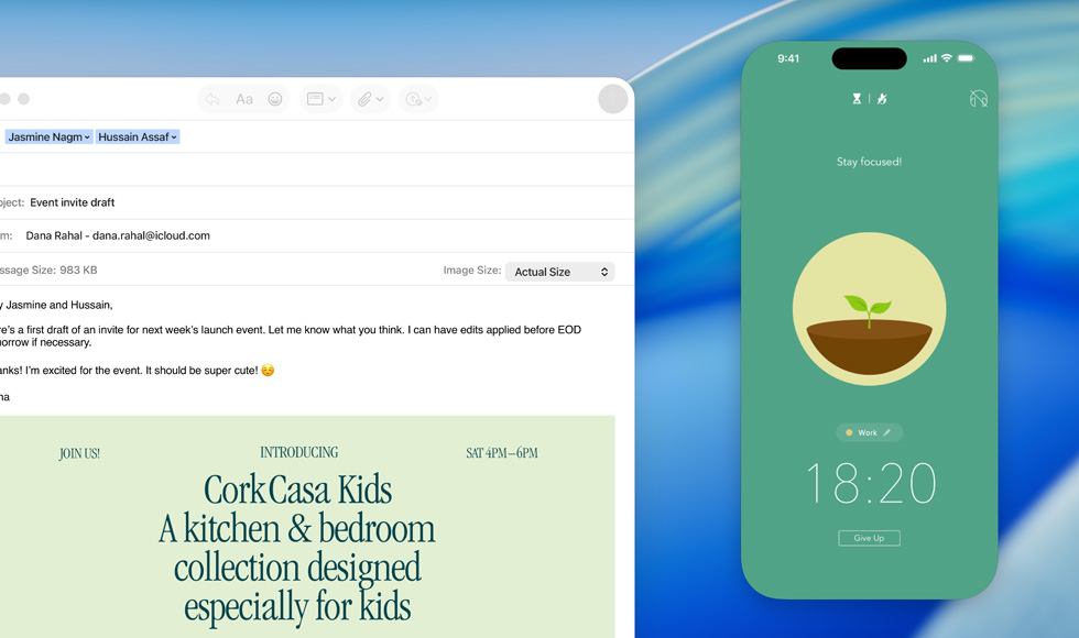 MacBook screen, Mail app open, iPhone screen mirrored on MacBook screen shows Forest app