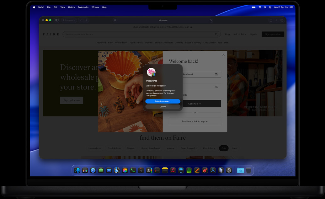 While browsing in Safari, a user is prompted to use Touch ID to sign in to a website