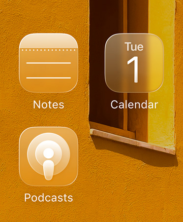 Close up of the new tinted app icons, featuring the Apple TV app, Notes, Calendar, and Podcasts