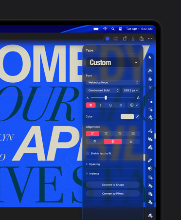 MacBook Pro 16 screen, image of poster for Comedy Tour, custom type tool