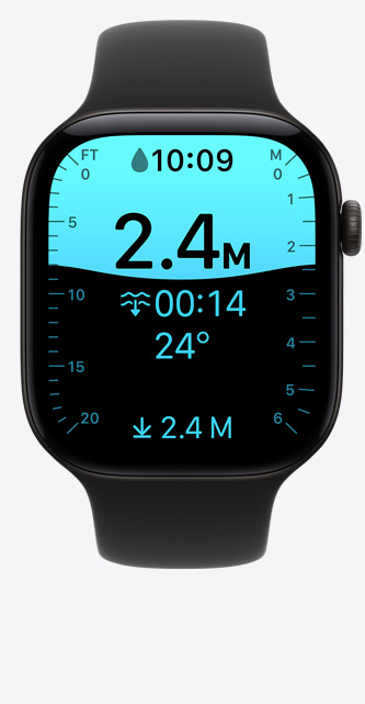 Apple Watch Series 12, aluminum case, black color, Depth app screen, dive at 8 feet, Sport Band, black color