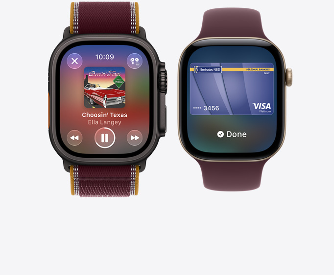 Apple Watch Ultra 4, titanium case, black color, Apple Music app, now playing screen, Trail Loop band, burgundy color; Apple Watch Series 12, aluminum case, light gold color, Apple Wallet screen, Sport Loop band, burgundy color