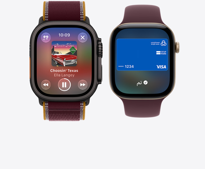 ساعة Apple&nbsp;Watch&nbsp;Ultra&nbsp;4، إطار تيتانيوم، لون أسود، تطبيق Apple&nbsp;Music، شاشة 