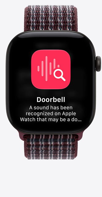 Apple Watch Series 12, aluminum case, black color, pinned conversations screen, Sport Loop band, burgundy plaid color