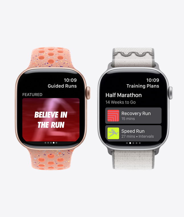 兩部 Apple Watch Series 11 裝置展示 Nike Run Club app，分別展示跑步指導功能及訓練計劃功能
