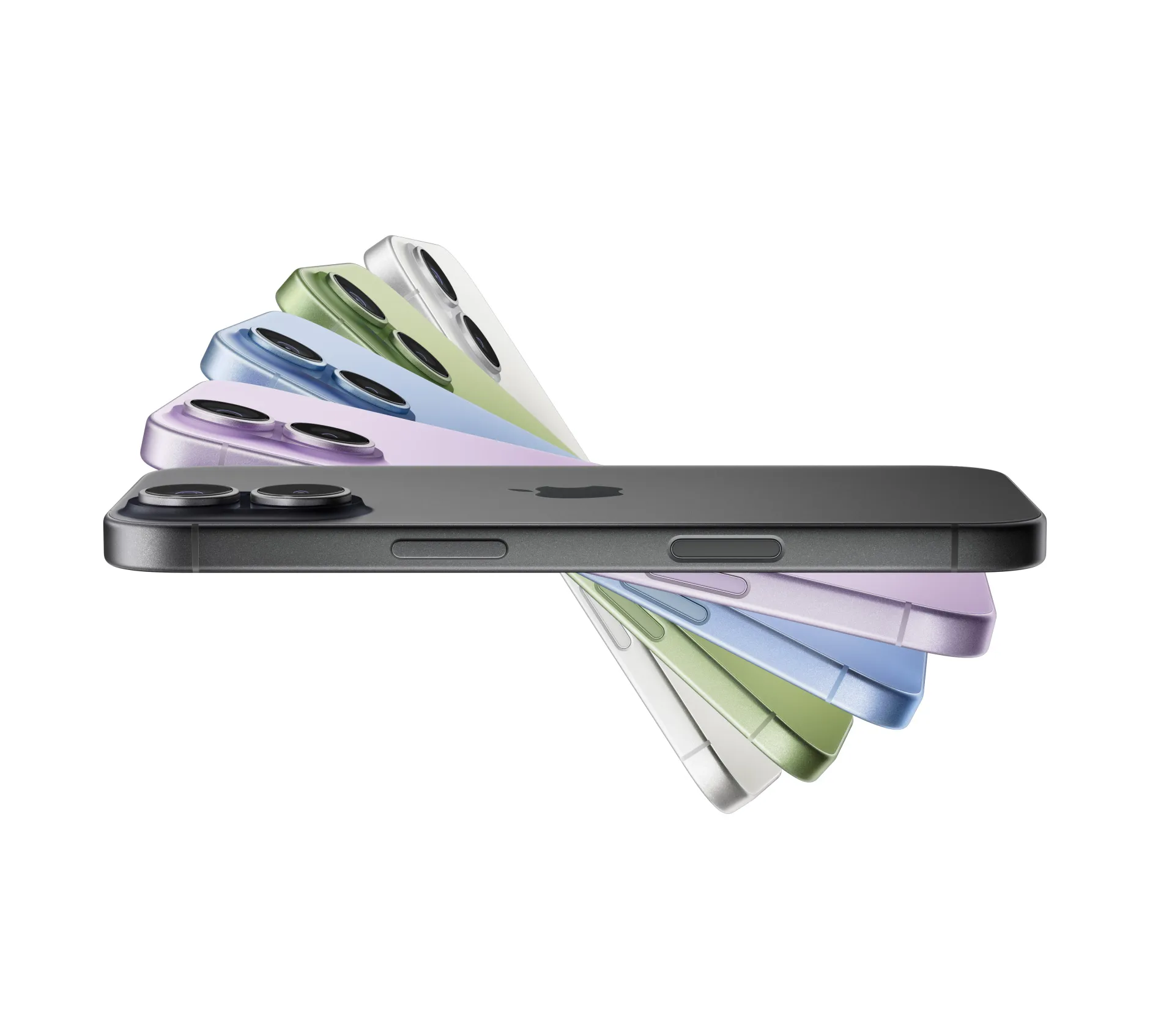 多部 iPhone 17 裝置呈扇形排列，顏色分別為黑色、薰衣草紫色、霧藍色、鼠尾草綠色、白色。